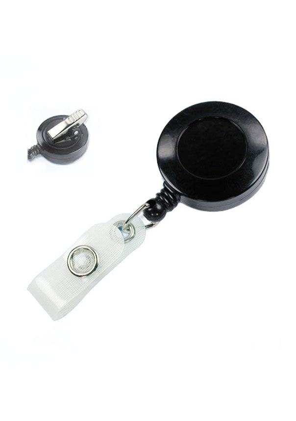 -Runder Ausweishalter aus vollfarbigem Kunststoff -mit drehbarem Krokoclip  und textilverstärkter Lasche (ideal für Ausweishüllen und Kartenhalter mit Langloch) -Durchmesser: Ø 32 mm -Druckfläche: Ø 20 mm