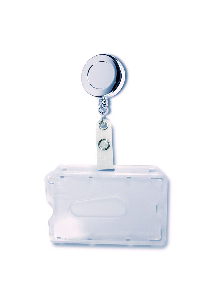 Jojo-Ausweishalter, Aufrollautomatik, Ausweishalter, Kartenhalter, textilverstärkte Lasche, Logo-Aufdruck, -Kartenhalter aus transparent-mattem Polycarbonat,   mit Langloch, zwei Rundlöchern und Daumenausschub. -Horizontal tragbar.  -Made in Germany. -Jojo rund, Ø 28 mm, Metall, Farbe: silber glänzend,   Gürtelclip, Rücklaufdämpfer -Druckfläche für Ihr Logo Ø 17 mm -Textilverstärkte Lasche
