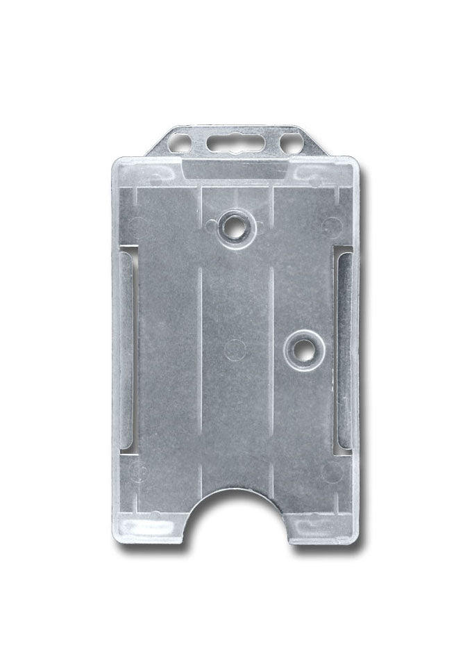 Offener Kartenhalter mit Euroloch und zwei Rundlöchern. Vertikal tragbar. Mögliche Farben: transparent, schwarz, weiß;, blau, grün, gelb, rot