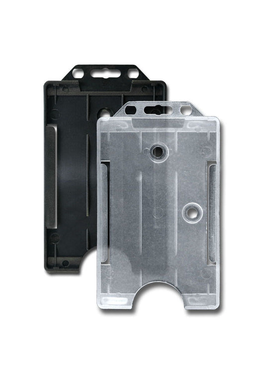 Offener Kartenhalter mit Euroloch und zwei Rundlöchern. Vertikal tragbar. Mögliche Farben: transparent, schwarz, weiß;, blau, grün, gelb, rot