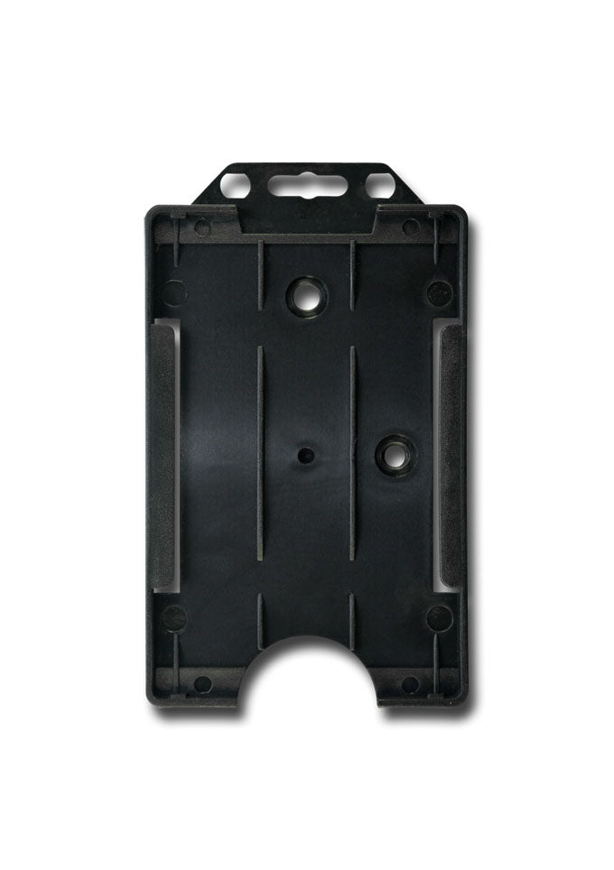 Offener Kartenhalter mit Euroloch und zwei Rundlöchern. Vertikal tragbar. Mögliche Farben: transparent, schwarz, weiß;, blau, grün, gelb, rot