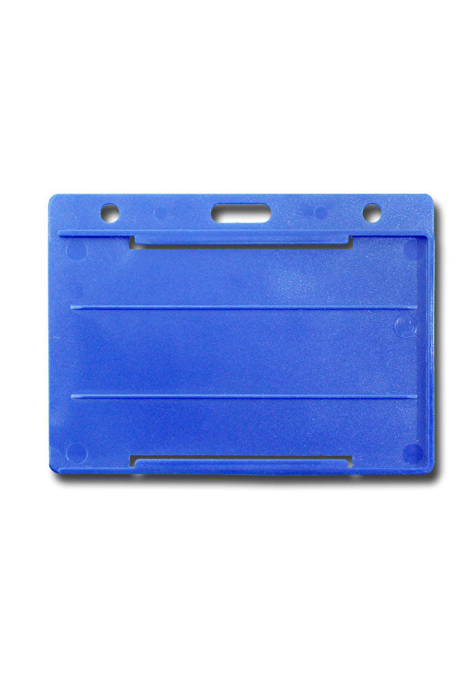 Offener Kartenhalter mit Langloch und zwei Rundlöchern. Horizontal tragbar. Mögliche Farben: transparent, schwarz, weiß;, blau, grün, gelb, rot