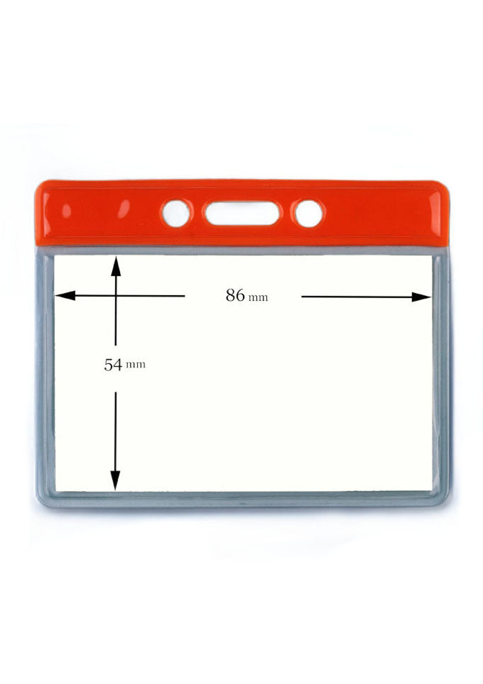 Kartenhalter, Ausweistasche, Ausweishülle, Ticketholder, ID- Kartenhalter, Ausweisetui, Klarsichtfolie, Befestigungssteg, Rundloch, Langloch, Ticket holder, Ticket Aufbewahrung, Tickethülle, roter Befestigungssteg, auffallend, sichtbar,