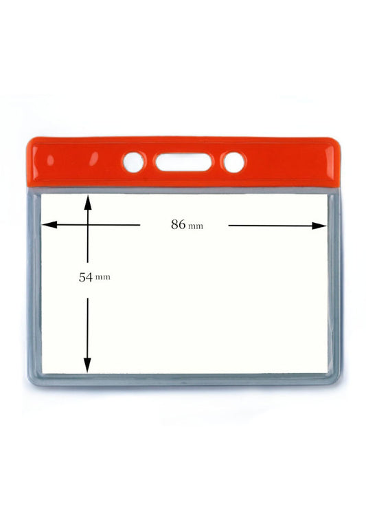 Kartenhalter, Ausweistasche, Ausweishülle, Ticketholder, ID- Kartenhalter, Ausweisetui, Klarsichtfolie, Befestigungssteg, Rundloch, Langloch, Ticket holder, Ticket Aufbewahrung, Tickethülle, roter Befestigungssteg, auffallend, sichtbar,